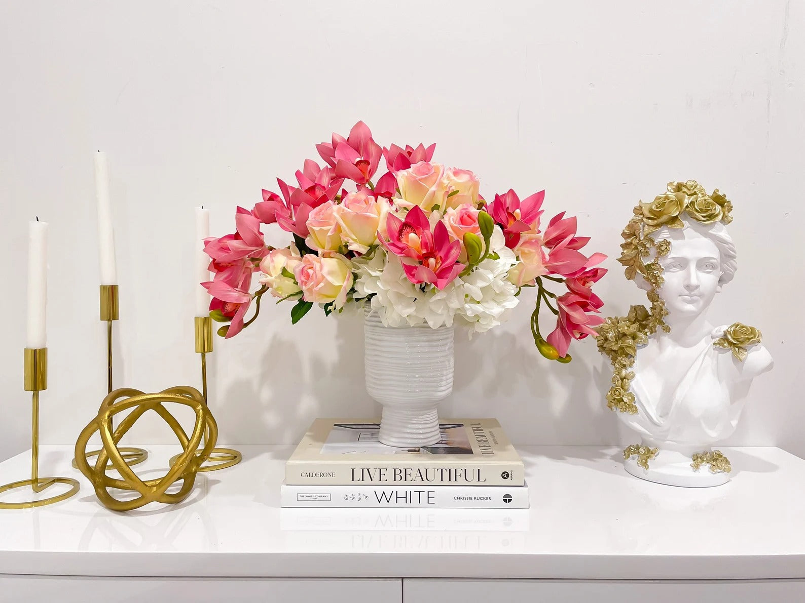 Premium Real Touch Orchid, Rose, French Hydrangea Arrangement in Ceramic Vase Main image