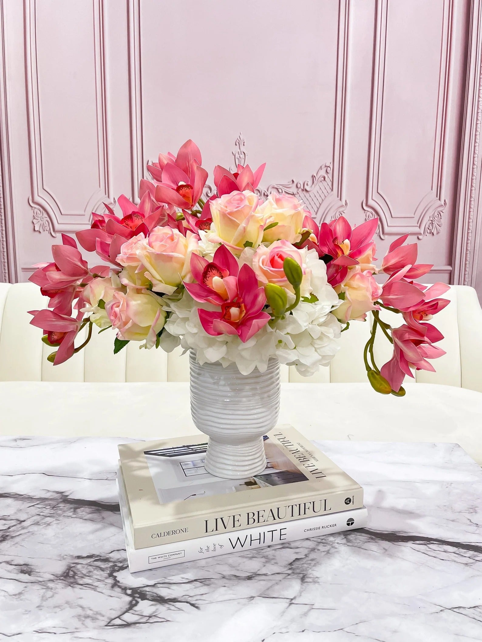 Premium Real Touch Orchid, Rose, French Hydrangea Arrangement in Ceramic Vase