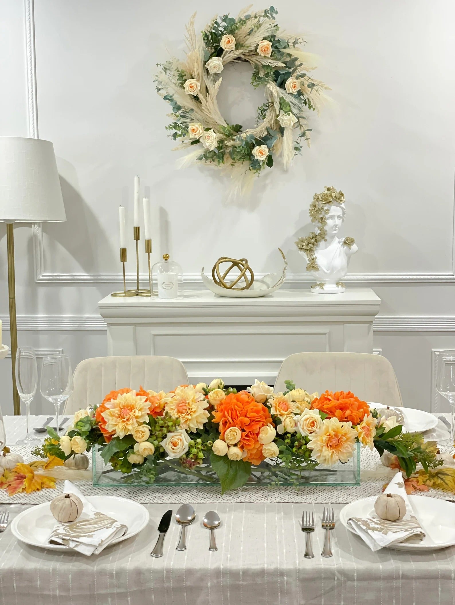 Elegant Orange Decor Modern Long Table Dahlia Centerpiece In Glass Vase - Flovery