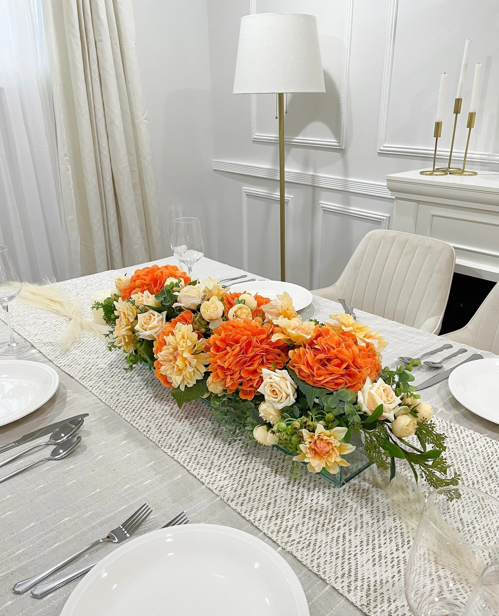Elegant Orange Decor Modern Long Table Dahlia Centerpiece In Glass Vase - Flovery