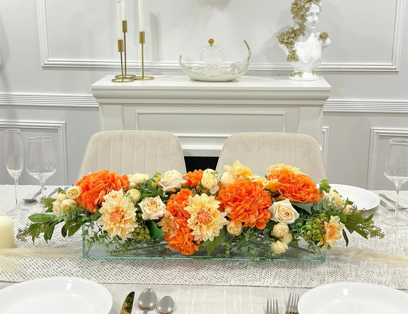 Elegant Orange Decor Modern Long Table Dahlia Centerpiece In Glass Vase - Flovery