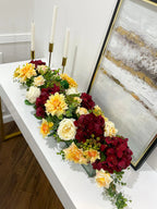 Elegant Velvet Red Decor Modern Long Table Dahlia Centerpiece In Glass Vase