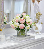 Premium Silk Pink White Peonies French Country Arrangement In Glass Vase - Flovery
