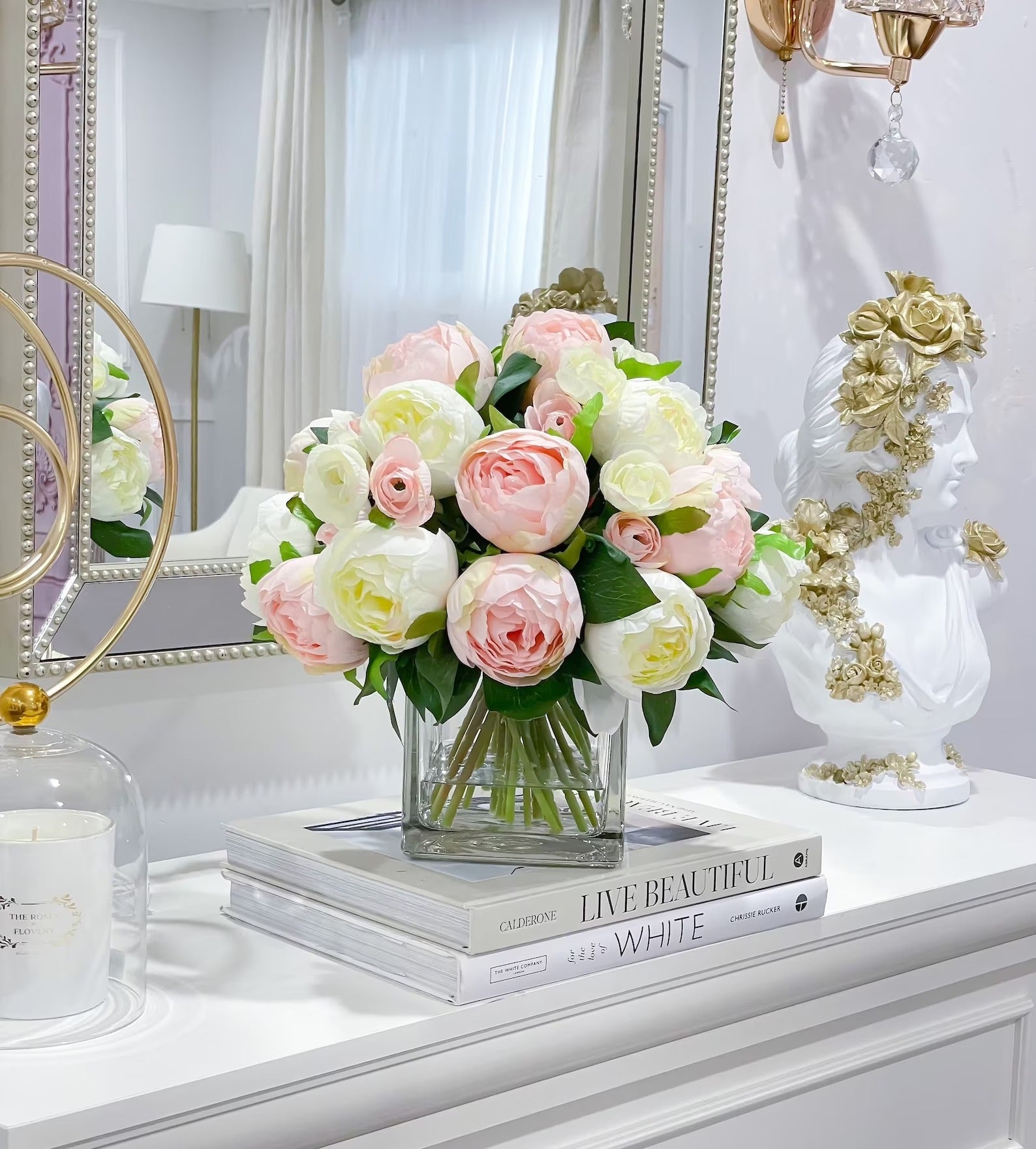 Premium Silk Pink White Peonies French Country Arrangement In Glass Vase - Flovery
