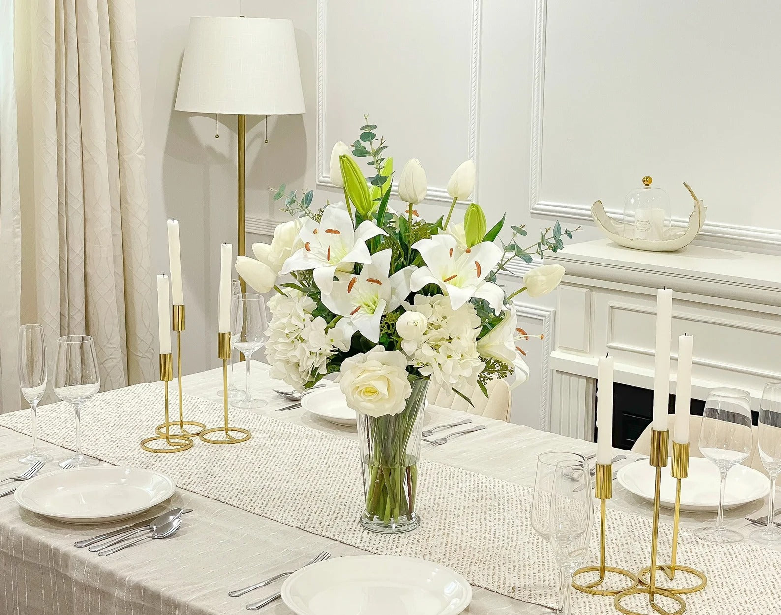 white lily centerpieces weddings Large Elegant White Lilies Centerpiece In Tall Glass Vase – Flovery.com
