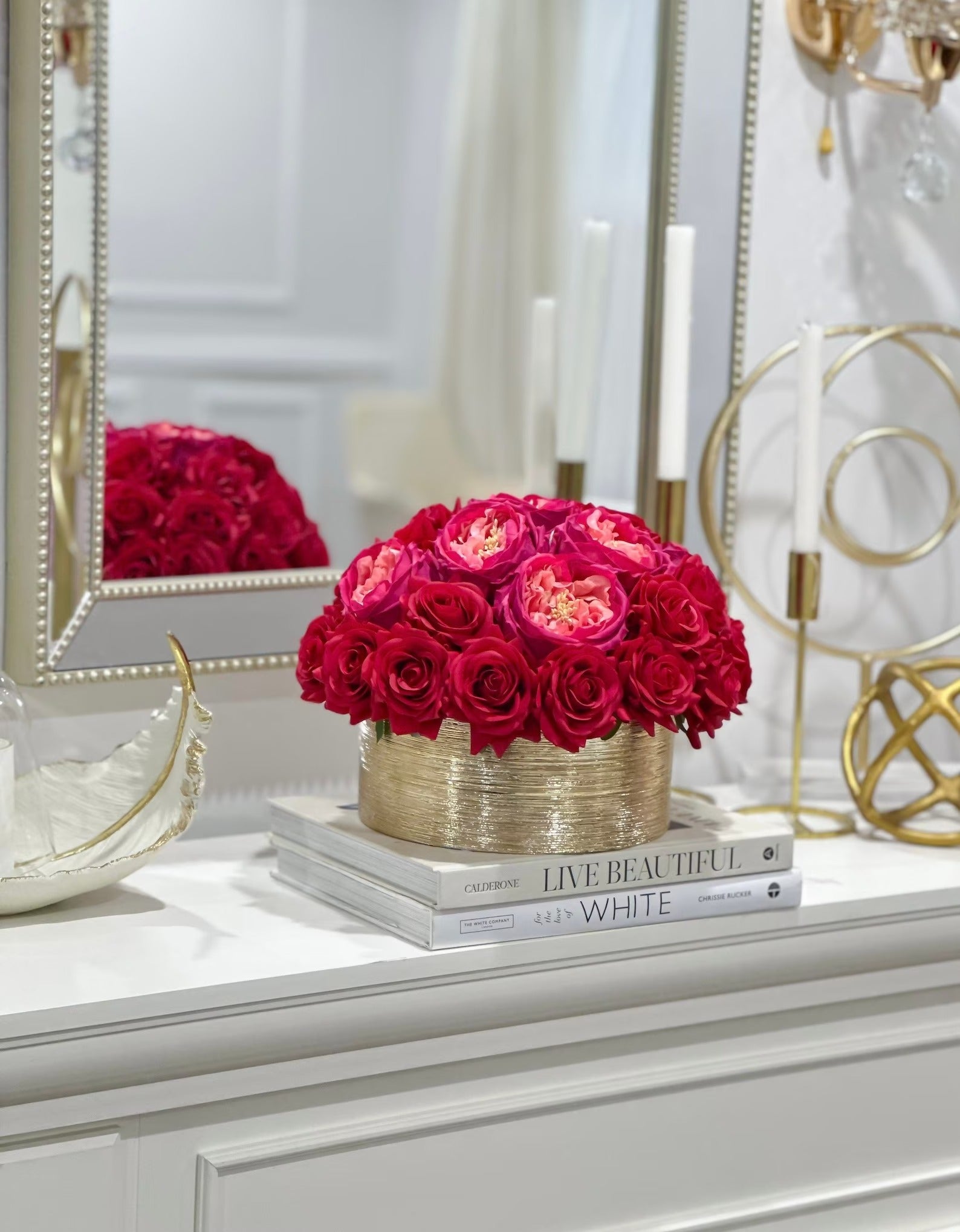 Modern Romantic Real Touch Rose Centerpiece in Ceramic Gold Vase