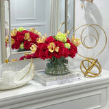 Real Touch Red French Roses Centerpiece for Dining Table in Glass Vase