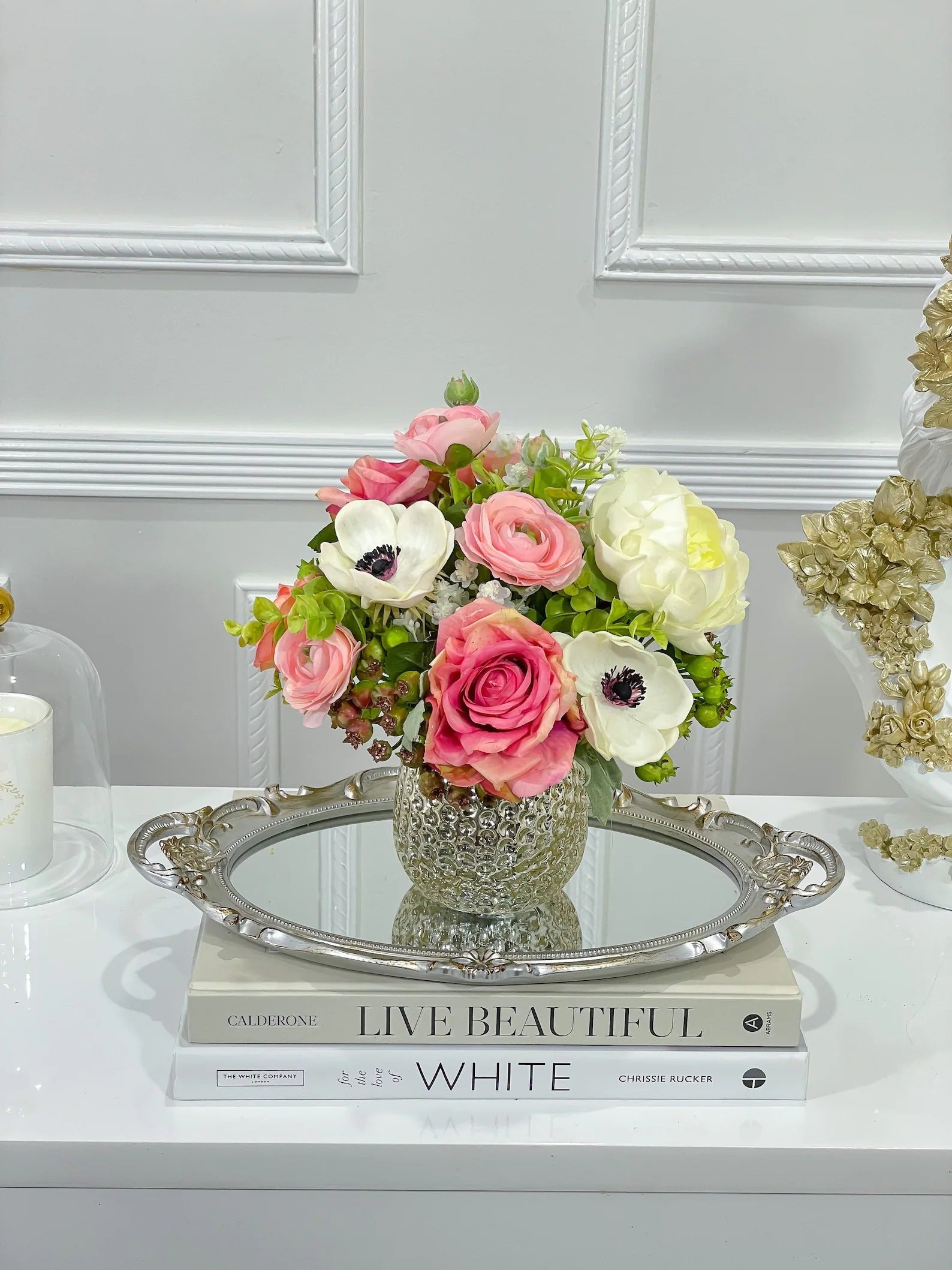 Modern Mixed Silk Floral Rose Centerpiece In Gold Vase - Flovery