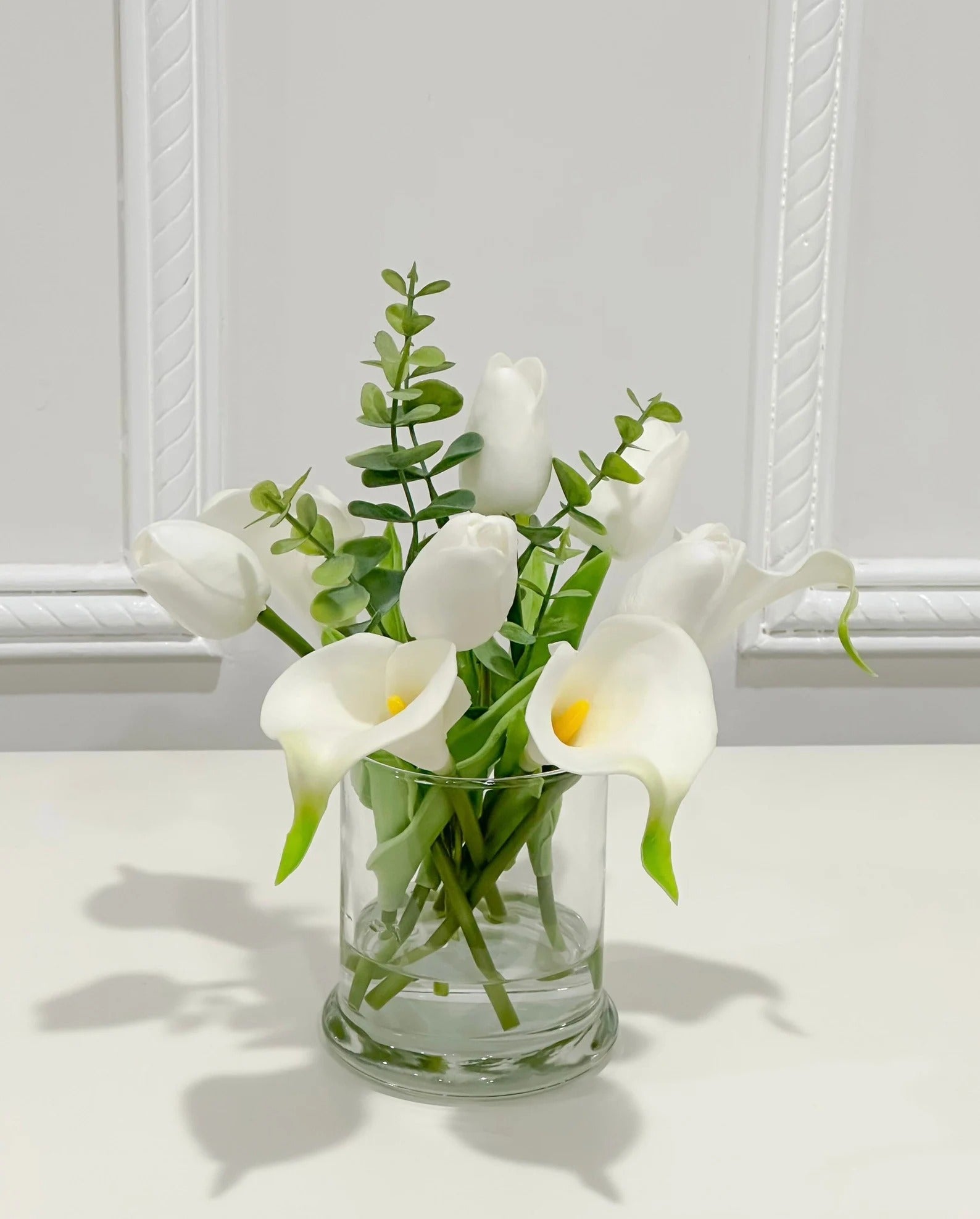 Real Touch White Tulips Calla Lily Modern Home Decor Arrangement in Glass Vase