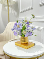 Purple Scabiosa Artificial Faux Floral Centerpiece In Gold Vase - Flovery