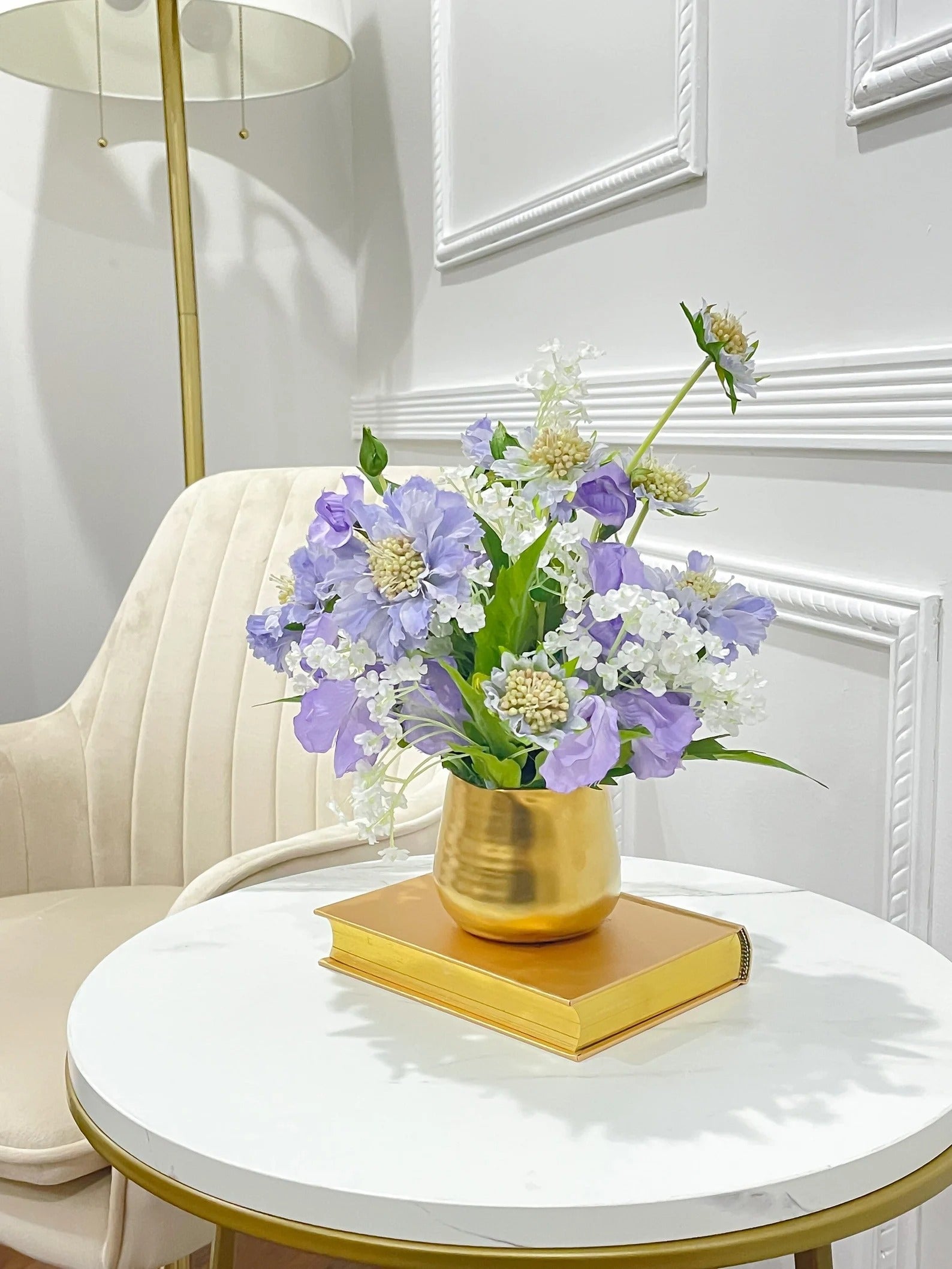 Purple Scabiosa Artificial Faux Floral Centerpiece In Gold Vase - Flovery