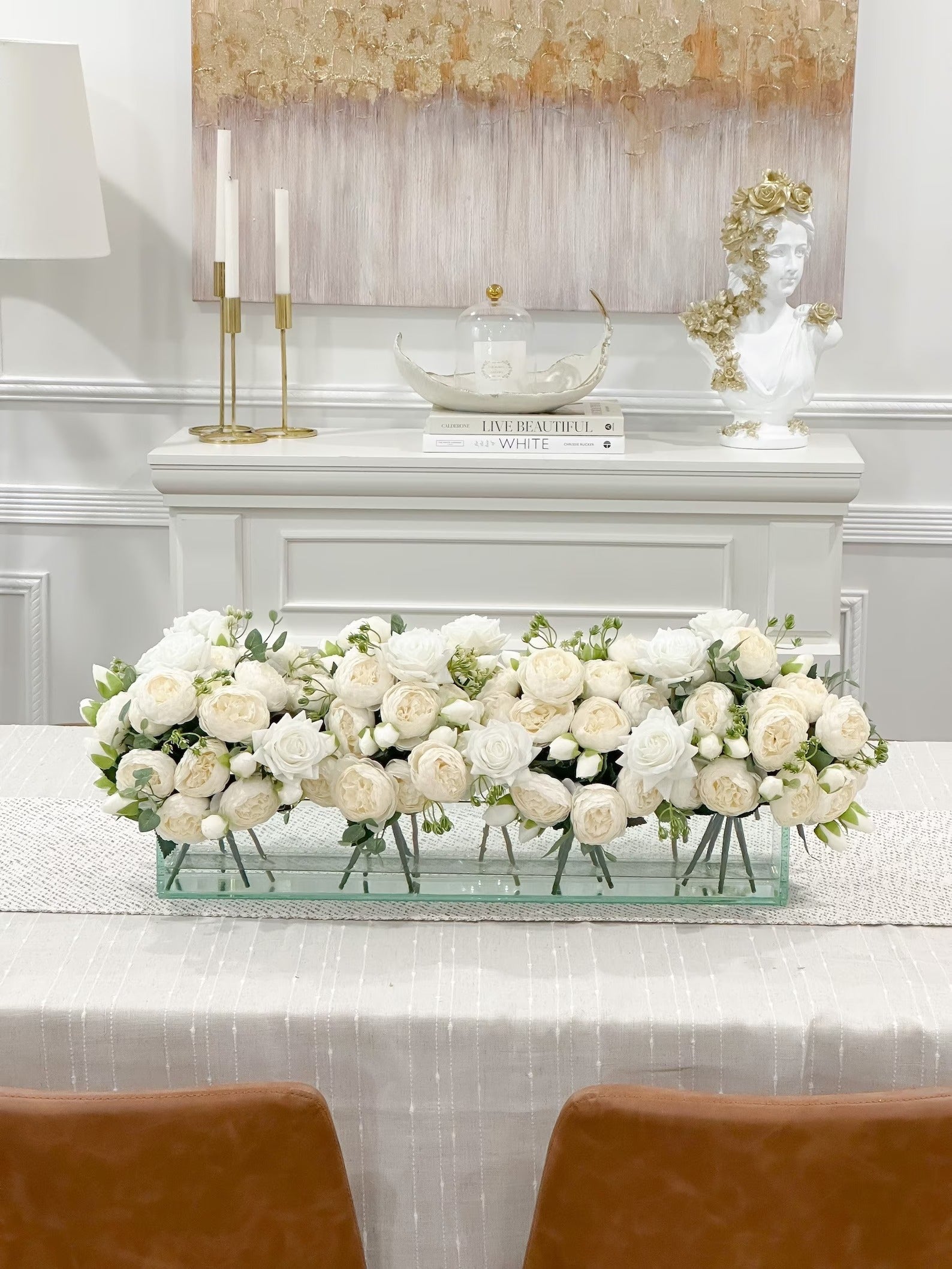24-in Modern White Rose Peony Arrangement in Long Glass Vase - Flovery Main image