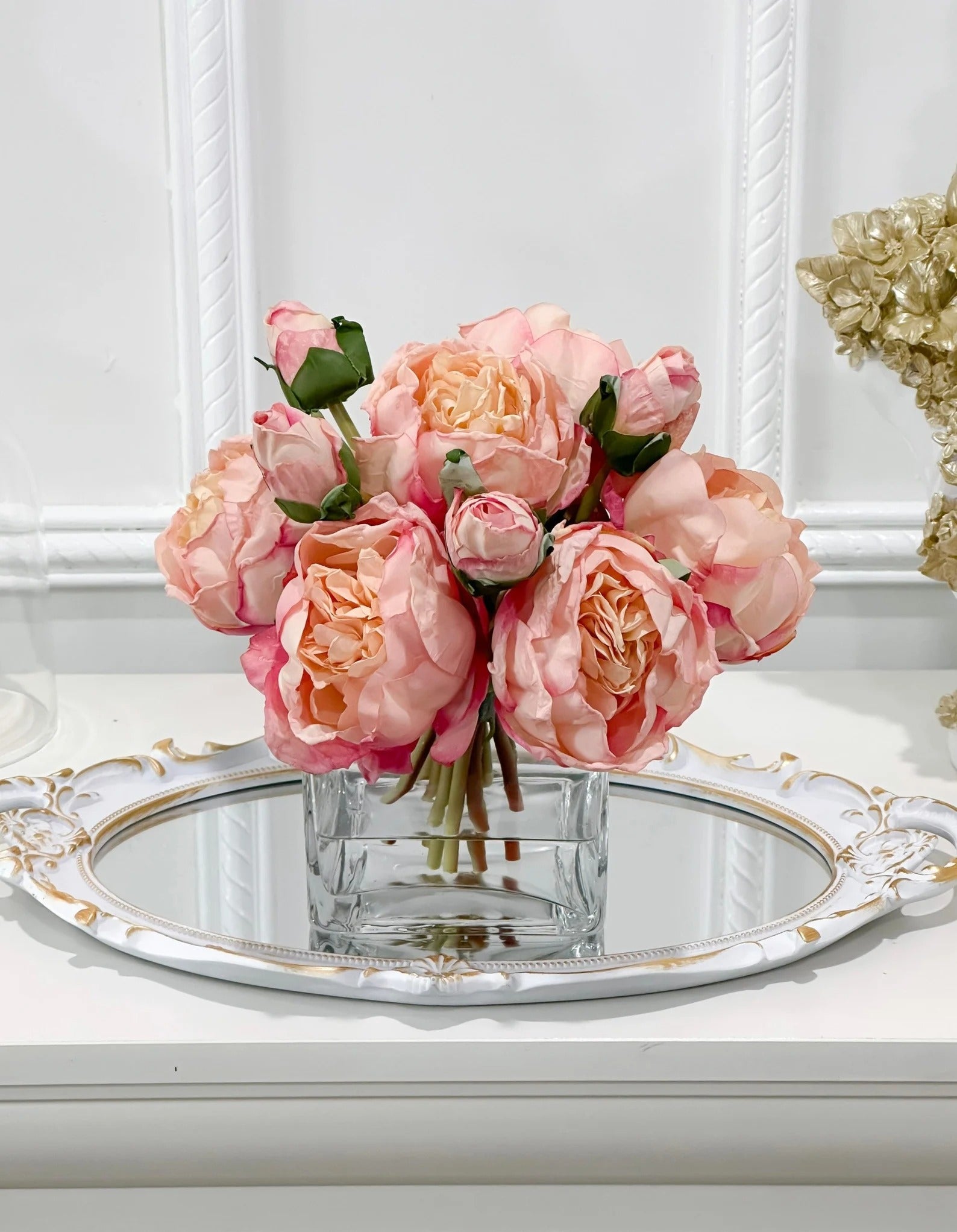 Finest Silk Peonies Everlasting Flower Centerpiece In Square Glass Vase Main image
