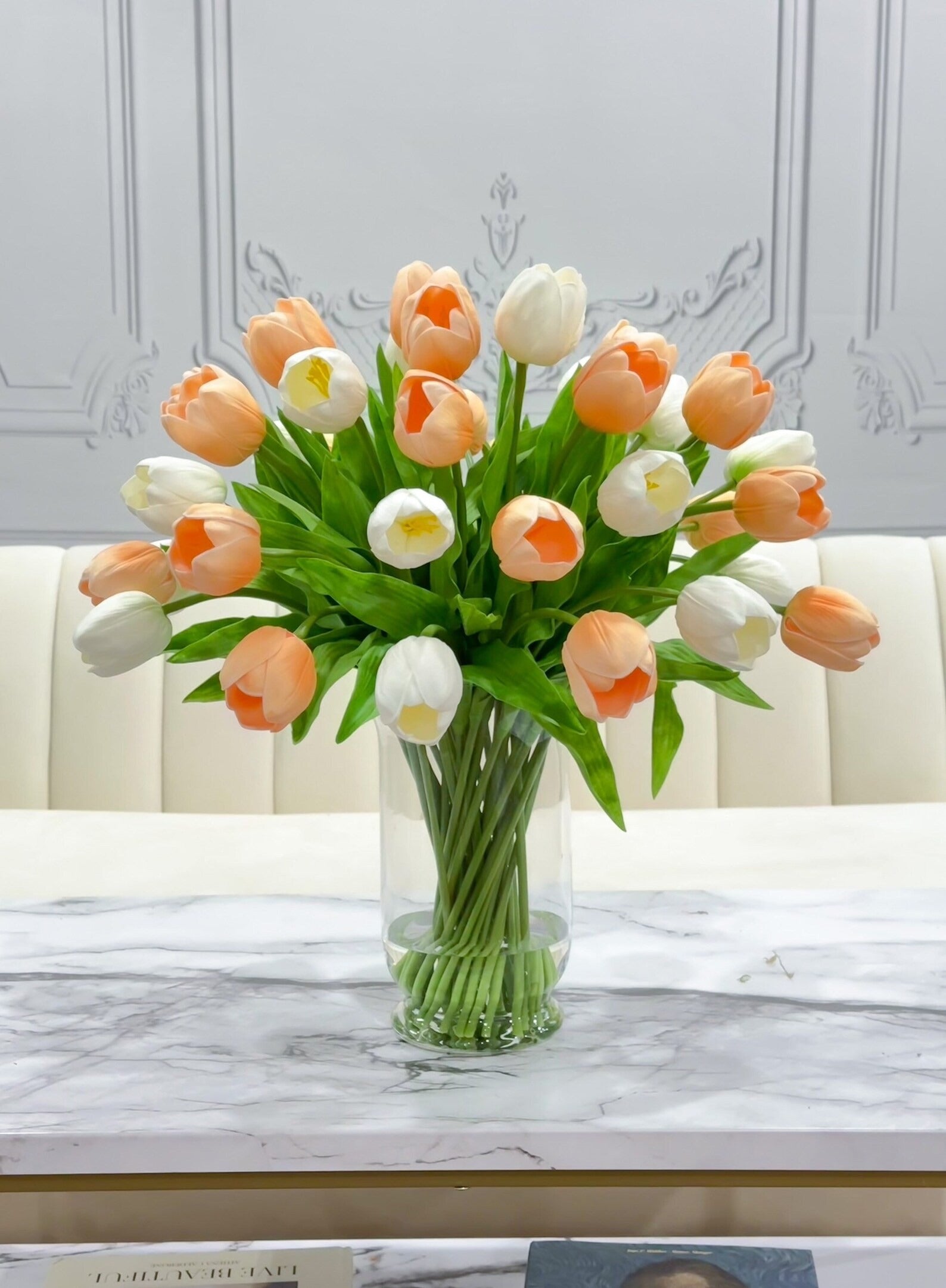 20 White Real Touch Tulips Modern Arrangement Centerpiece 