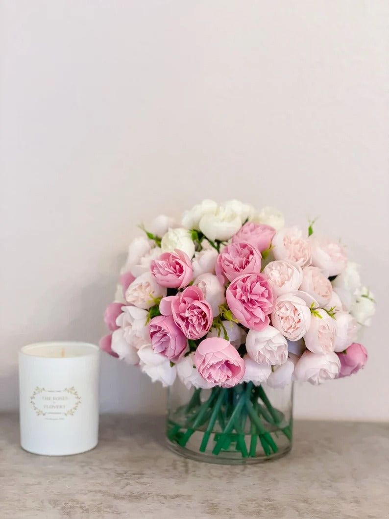 Multi-color Small Bulb Finest Peonies Medium Arrangement in Glass Vase Main image