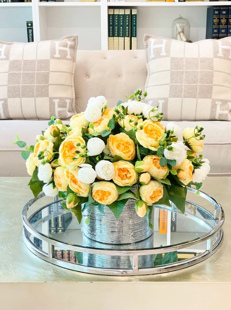 Modern Yellow White Silk Peony Centerpiece In Silver Ceramic Vase