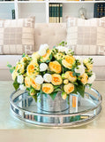 Modern Yellow White Silk Peony Centerpiece In Silver Ceramic Vase
