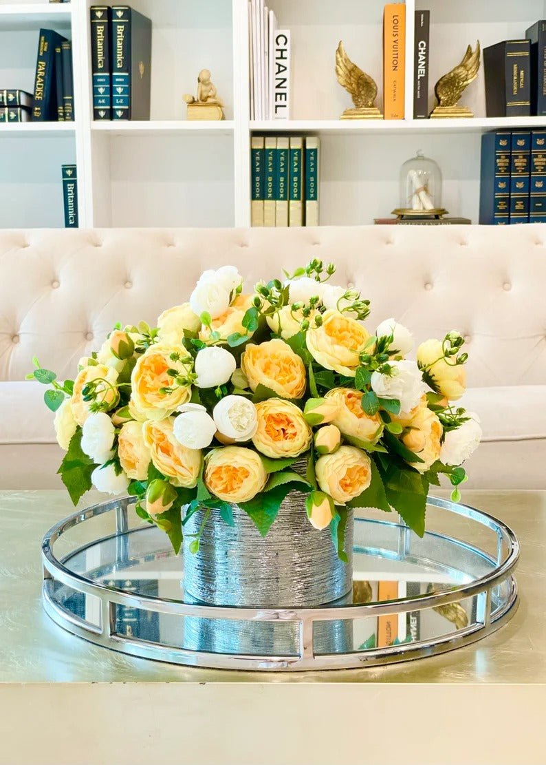 Modern Yellow White Silk Peony Centerpiece In Silver Ceramic Vase Secondary image