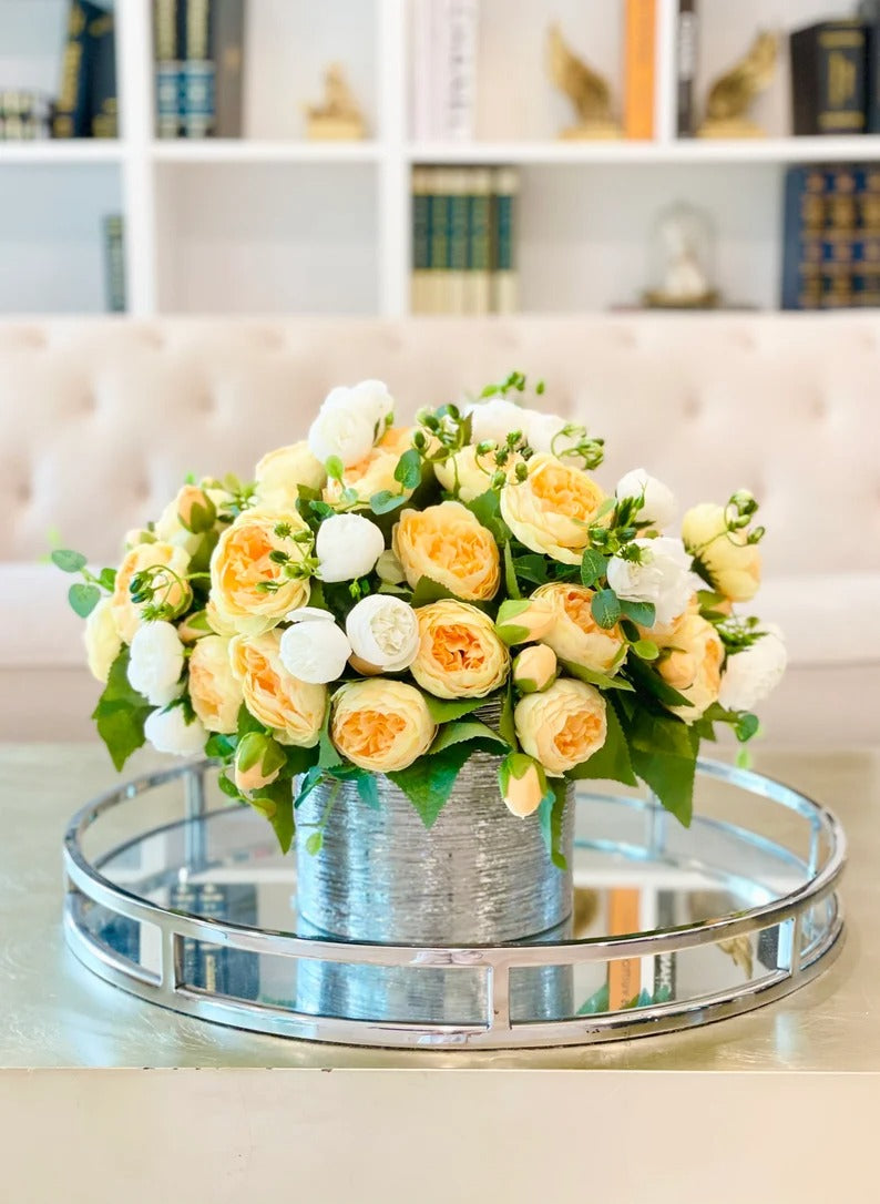 Modern Yellow White Silk Peony Centerpiece In Silver Ceramic Vase Main image