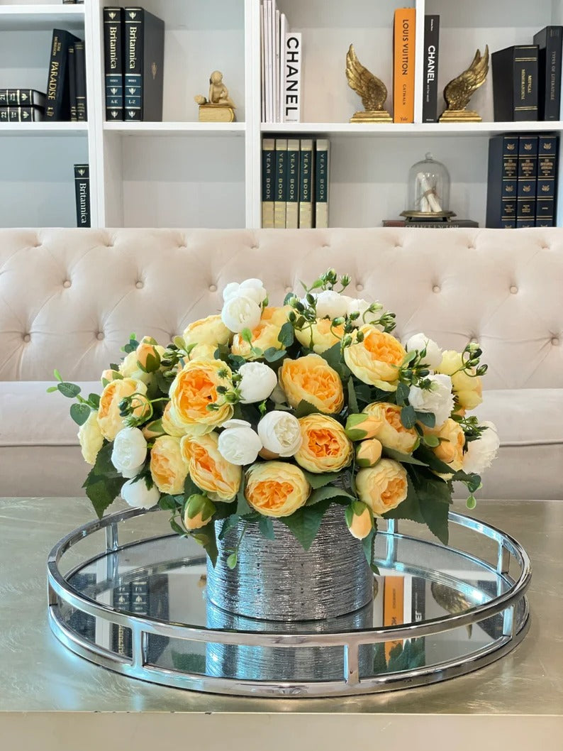 Modern Yellow White Silk Peony Centerpiece In Silver Ceramic Vase