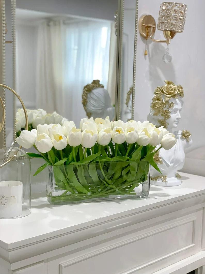 21-in Modern Real Touch Faux Tulips Arrangement in Long Vase - Flovery Main image