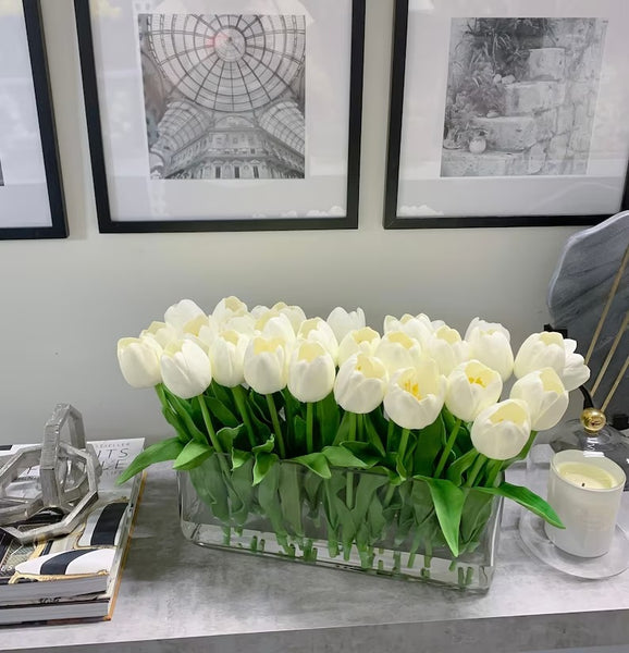 20 White Real Touch Tulips Modern Arrangement Centerpiece 