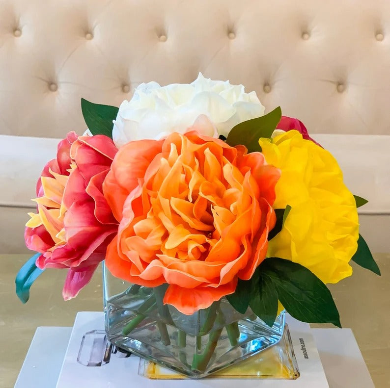 Large Real Touch Multi Colors Peonies in Glass Vase for Home Decor Centerpiece Secondary image