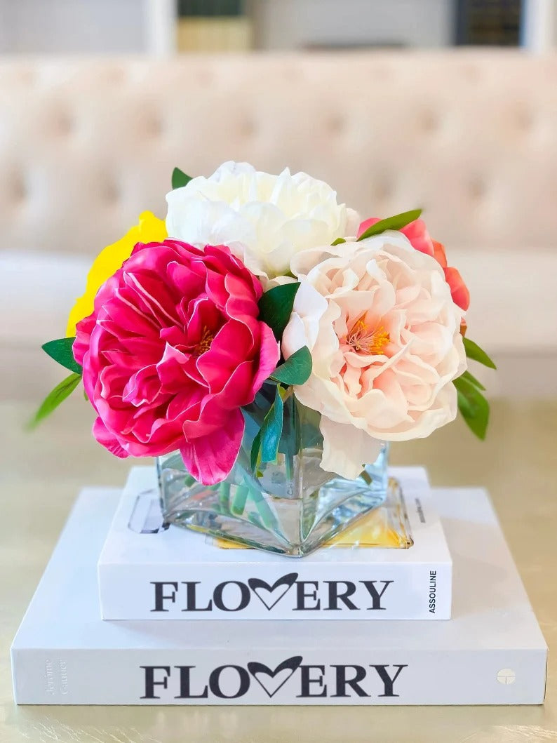 Large Real Touch Multi Colors Peonies in Glass Vase for Home Decor Centerpiece - Flovery Main image