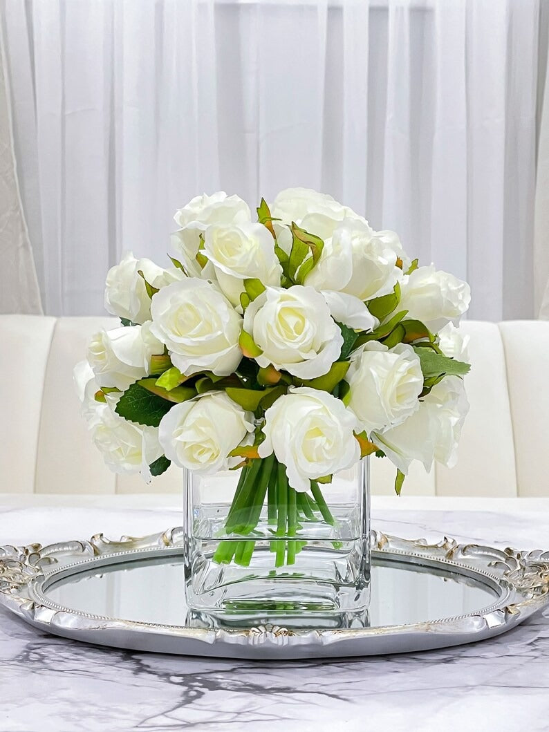 Artificial Medium White Roses Arrangement in Square Glass Vase Secondary image