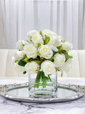 Artificial Medium White Roses Arrangement in Square Glass Vase