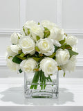 Artificial Medium White Roses Arrangement in Square Glass Vase