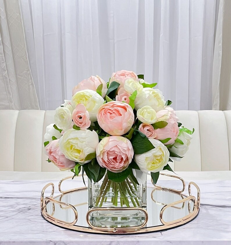 Premium Silk Pink White Peonies French Country Arrangement In Glass Vase - Flovery