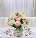 Premium Silk Pink White Peonies French Country Arrangement In Glass Vase