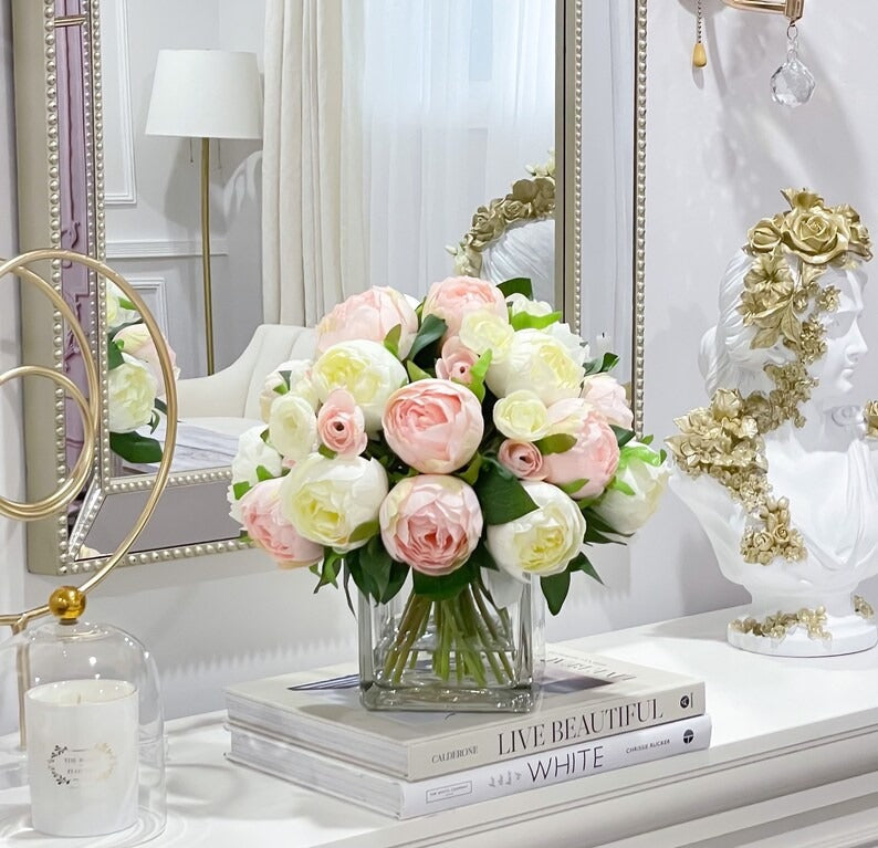 Premium Silk Pink White Peonies French Country Arrangement In Glass Vase - Flovery