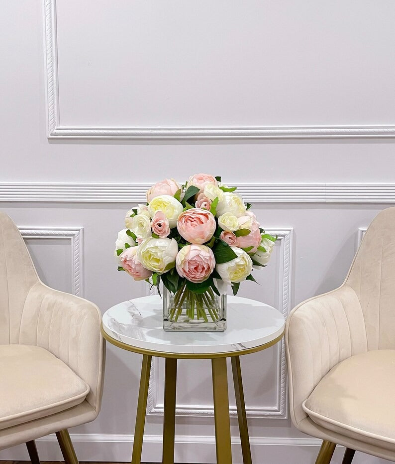 Premium Silk Pink White Peonies French Country Arrangement In Glass Vase - Flovery