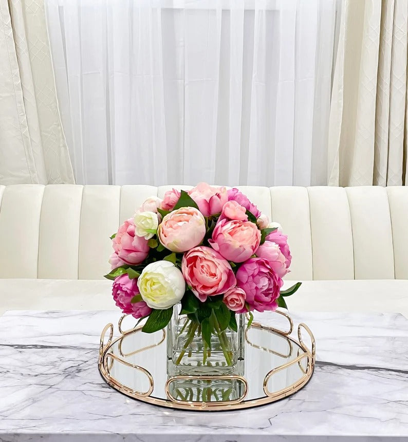 Premium Silk Pink White Peonies French Country Arrangement In Glass Vase