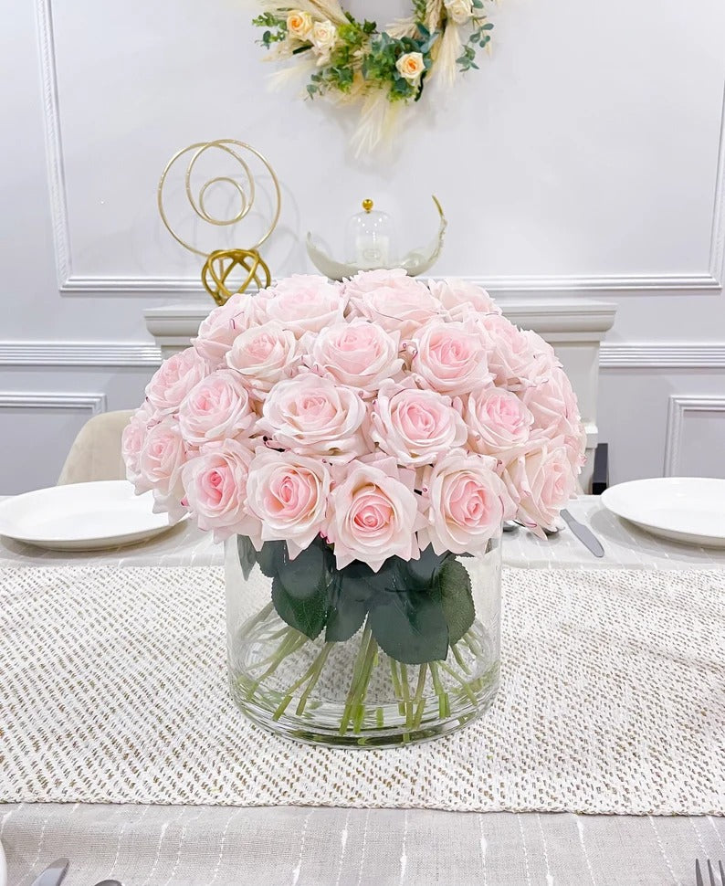 Real Touch Blush Pink Roses French Country Centerpiece Main image