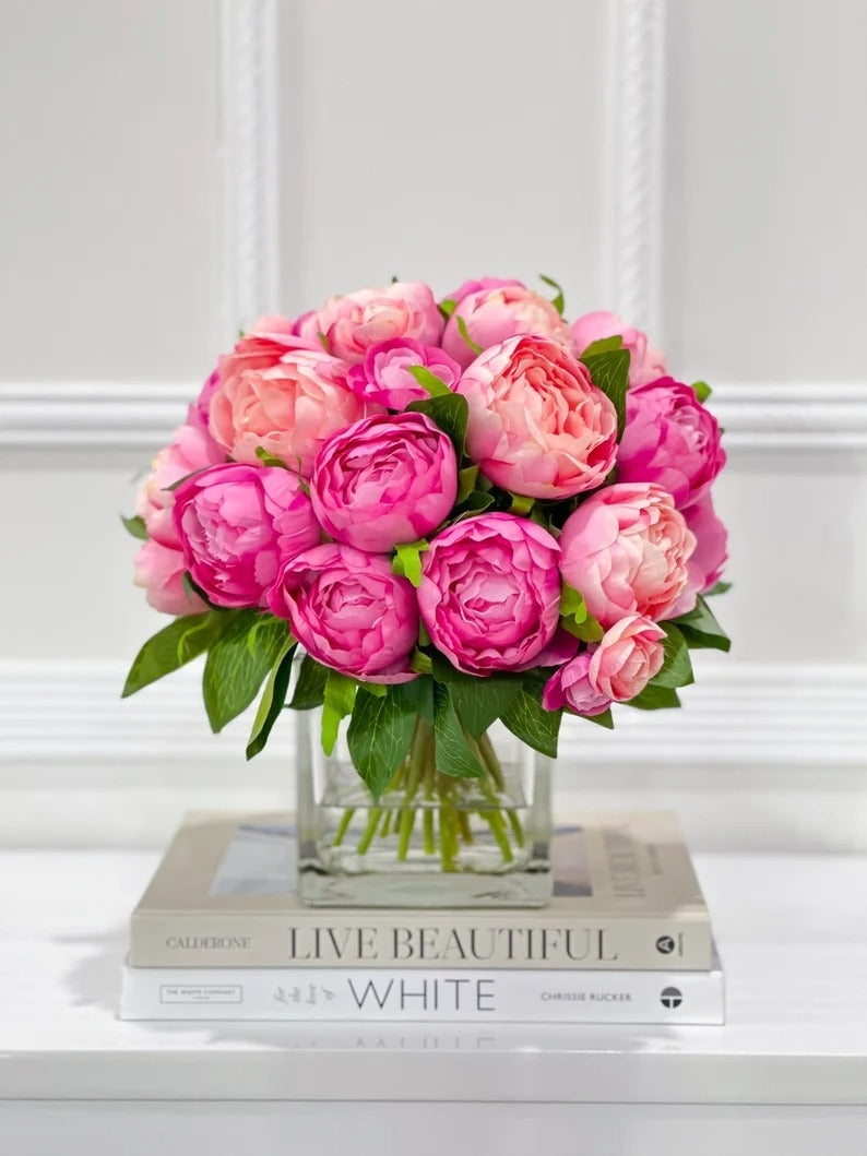 Premium Silk Pink White Peonies French Country Arrangement In Glass Vase - Flovery