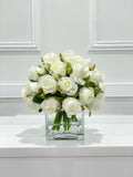 Artificial Medium White Roses Arrangement in Square Glass Vase