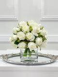 Artificial Medium White Roses Arrangement in Square Glass Vase