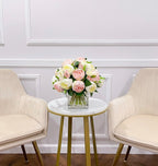 Premium Silk Pink White Peonies French Country Arrangement In Glass Vase - Flovery