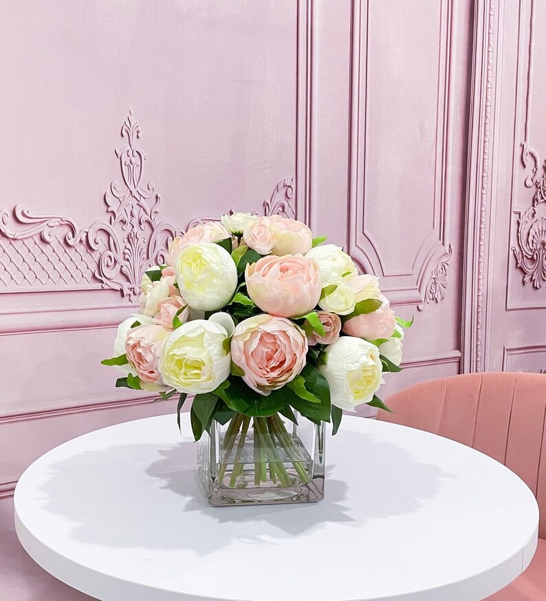 Premium Silk Pink White Peonies French Country Arrangement In Glass Vase - Flovery