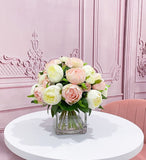 Premium Silk Pink White Peonies French Country Arrangement In Glass Vase