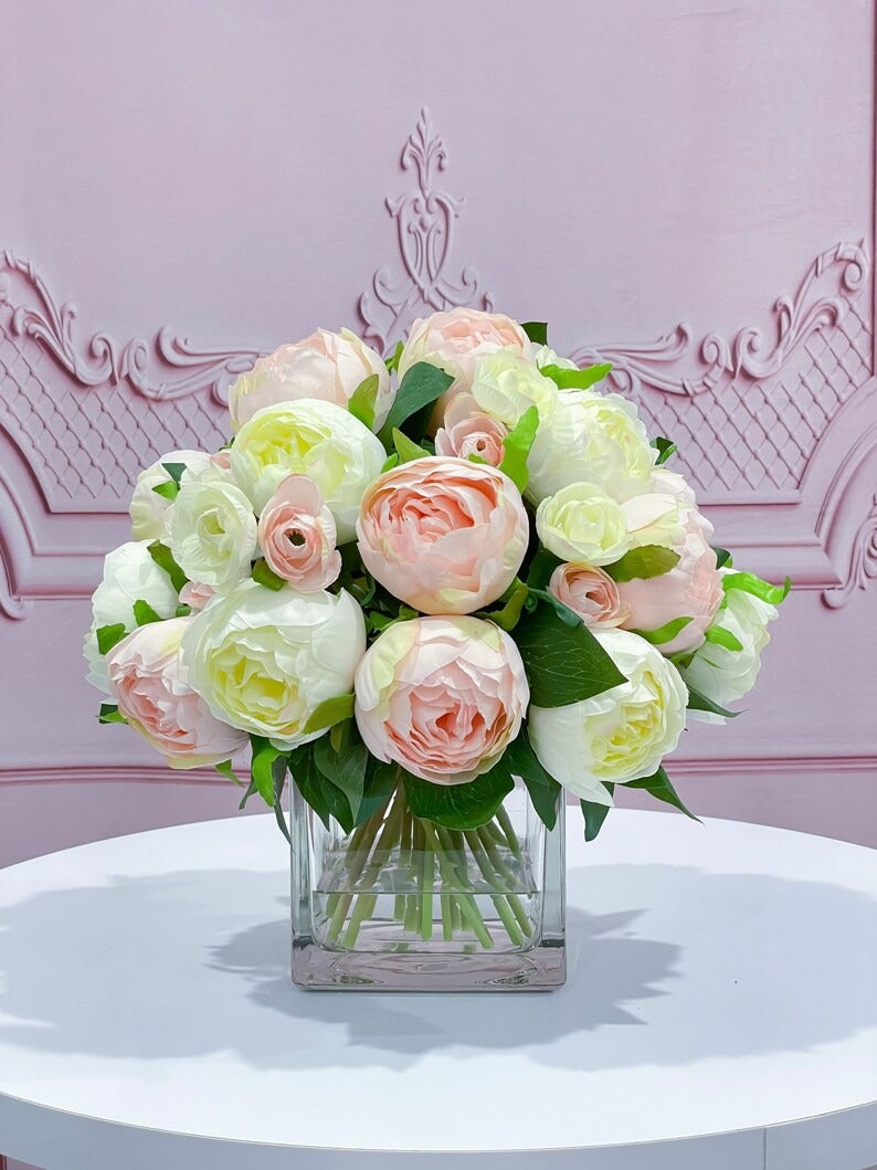 Premium Silk Pink White Peonies French Country Arrangement In Glass Vase - Flovery