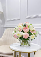 Premium Silk Pink White Peonies French Country Arrangement In Glass Vase - Flovery