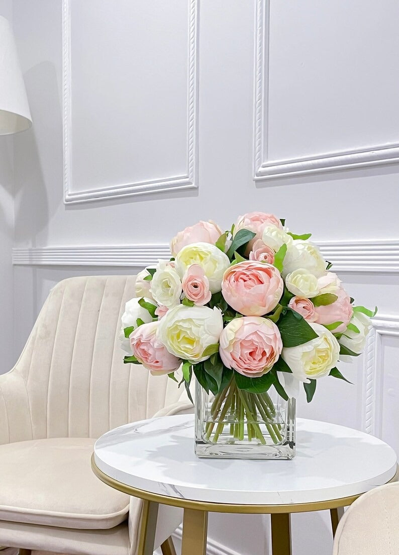 Premium Silk Pink White Peonies French Country Arrangement In Glass Vase - Flovery