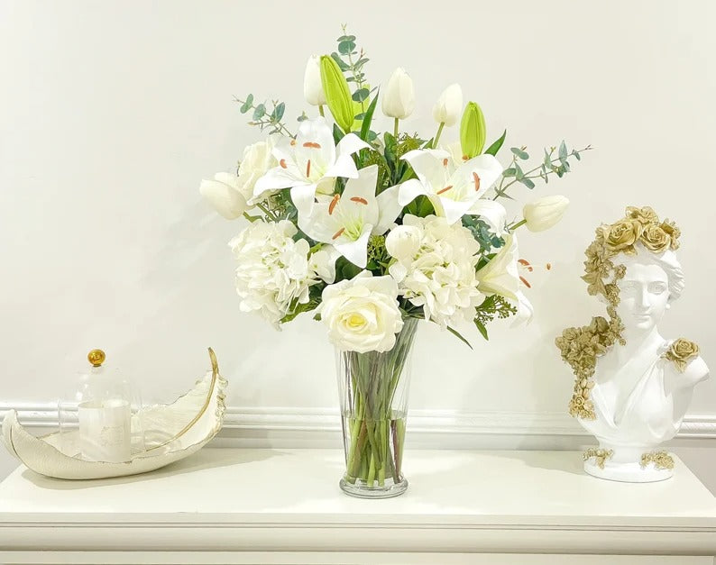 Large Elegant White Lilies Centerpiece In Tall Glass Vase