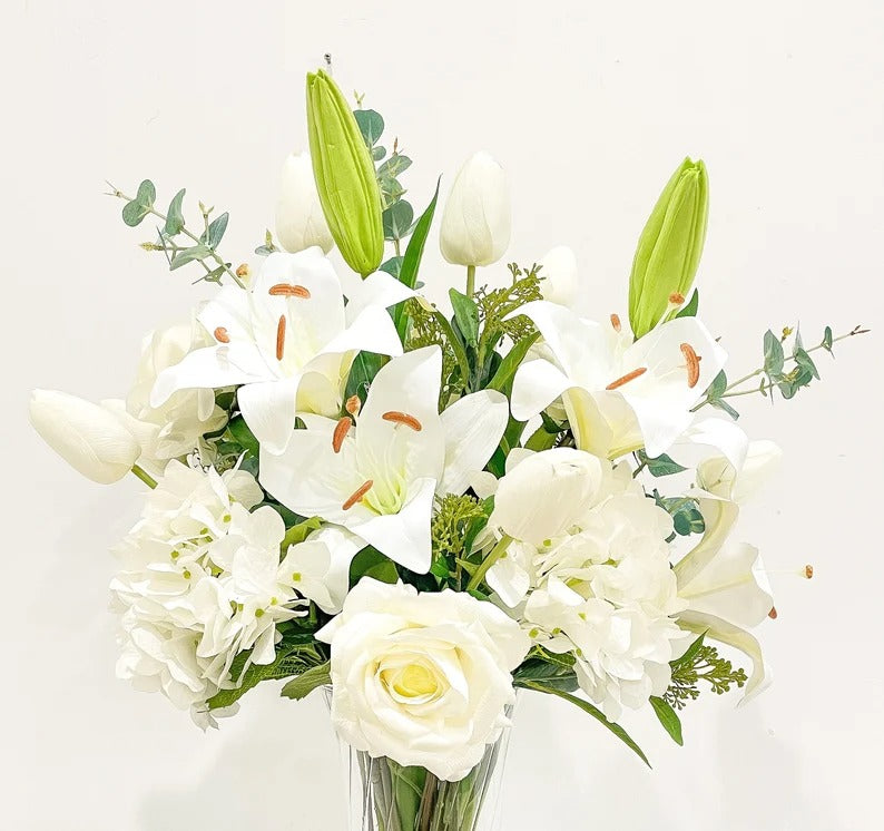 elegance white lily bouquet Large Elegant White Lilies Centerpiece In Tall Glass Vase – Flovery.com