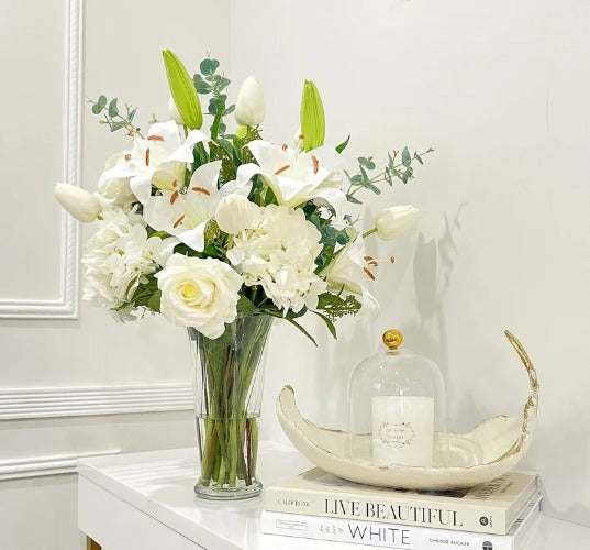 white artificial lilies Large Elegant White Lilies Centerpiece In Tall Glass Vase