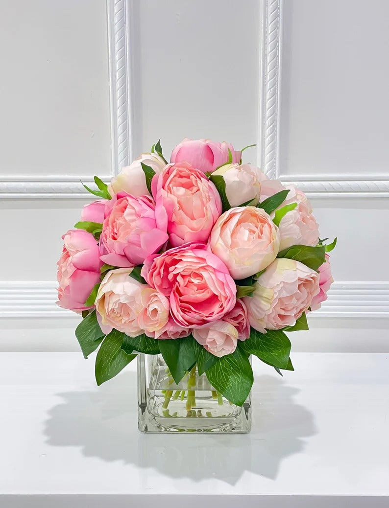 Premium Silk Pink White Peonies French Country Arrangement In Glass Vase - Flovery Main image